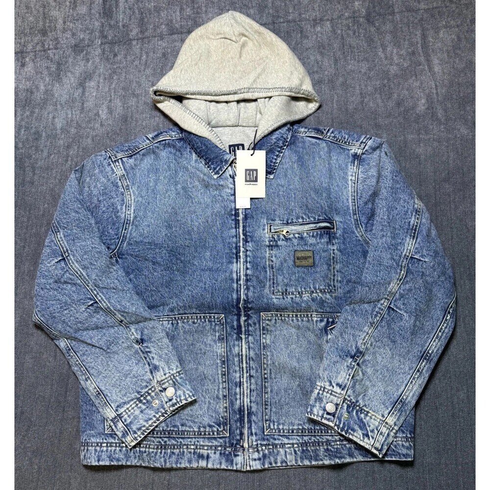 Gap X MadHappy Denim Jacket Men's Medium Blue Full-Zip Hooded Long Sleeve Collar